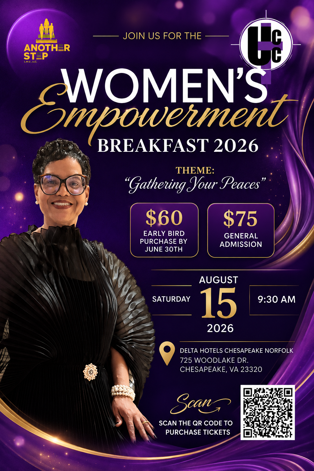 Women's Empowerment Breakfast 2026 flyer — Gathering Your Peaces, August 15, 2026, Delta Hotels Chesapeake Norfolk
